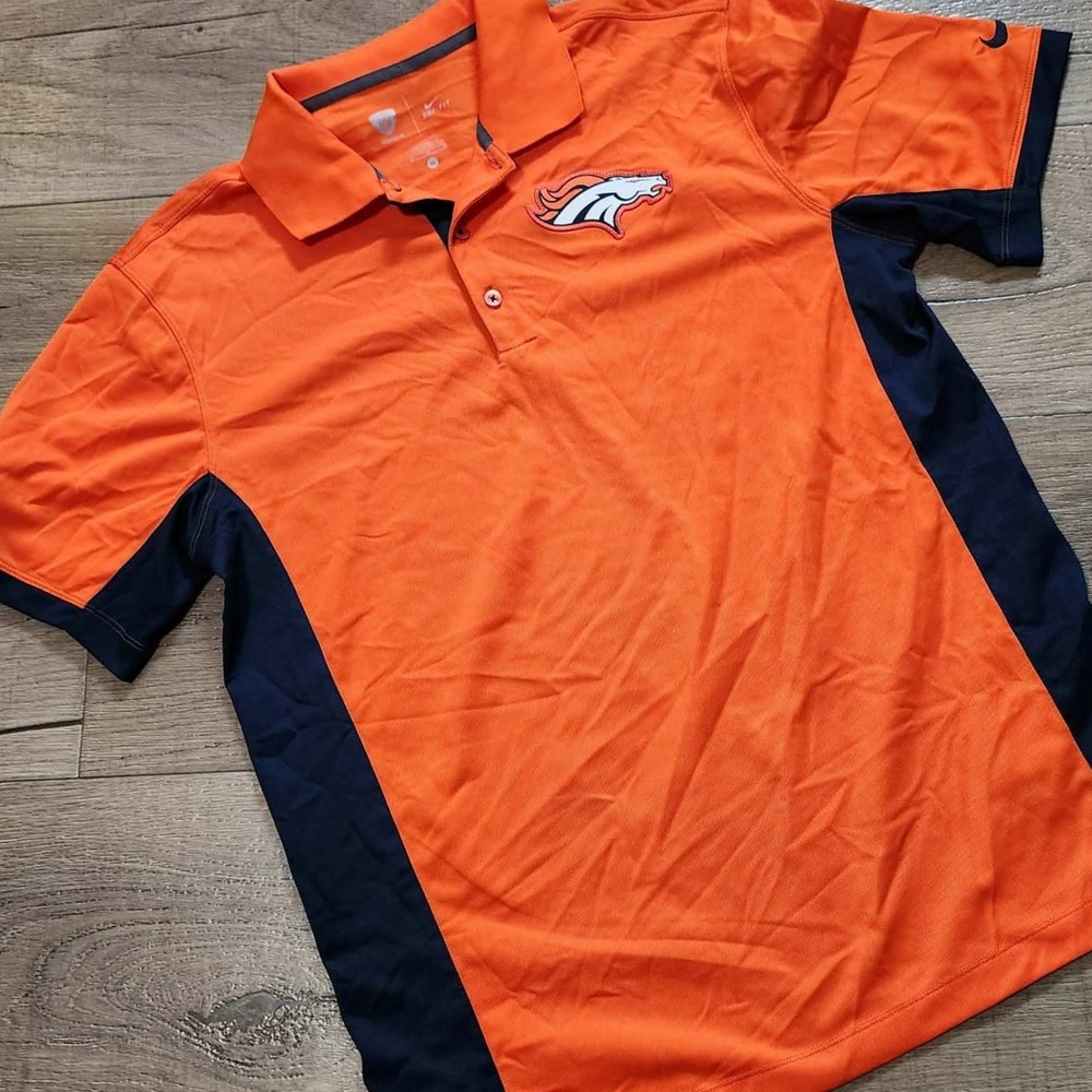 Nike Denver Broncos NFL Training Dri-FIT Polo Shirt Mens Medium Orange Navy Blue